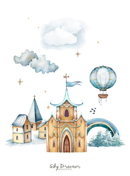 Jemný akvarel hrad s duhou, mraky, s útulnými domy, les, vzdušný balón, drak, pro blahopřání v pastelových barvách — Stock fotografie