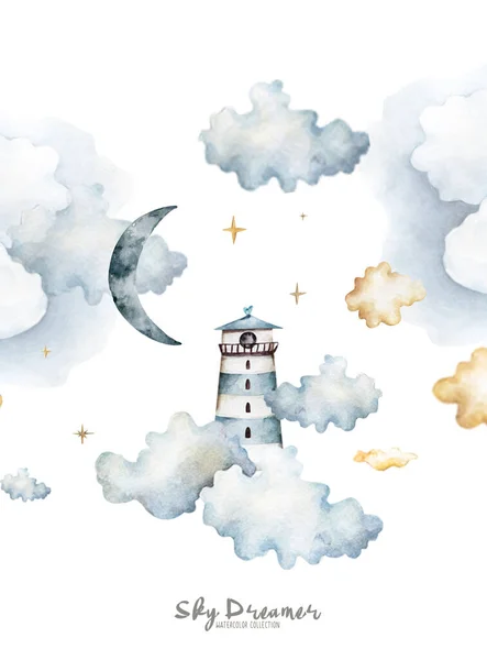 Gentle watercolor lighthouse with rainbow, clouds, hot air balloon,moon, kite, for greeting cards in pastel colors — Stock fotografie