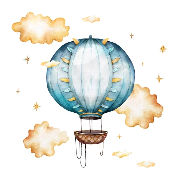 Watercolor air balloons and clouds in pastel colours on white background — Stock fotografie
