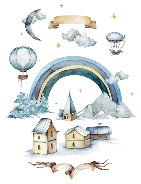 Casas de acuarela con iglesia, globos, arco iris, nubes, bosque, luna y montañas en colores pastel — Foto de Stock