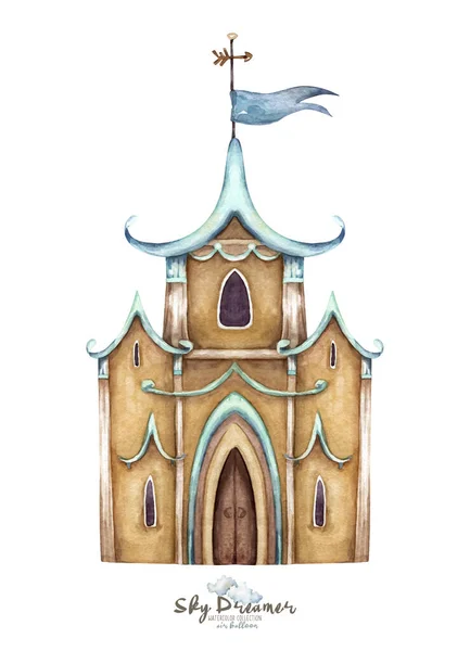 Dolce castello ad acquerello con nuvole, con case accoglienti,, per biglietti di auguri in colori pastello — Foto Stock