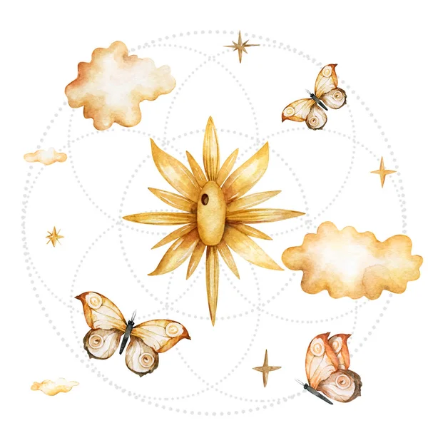 Акварель солнце с облаками, бабочки, звезды в пастельных тонах, ретро стиль — стоковое фото