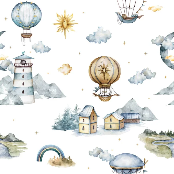 Akvarelové domy s kostelem, balónky, duha, mraky, les, měsíc a hory v pastelových barvách hladký vzor — Stock fotografie