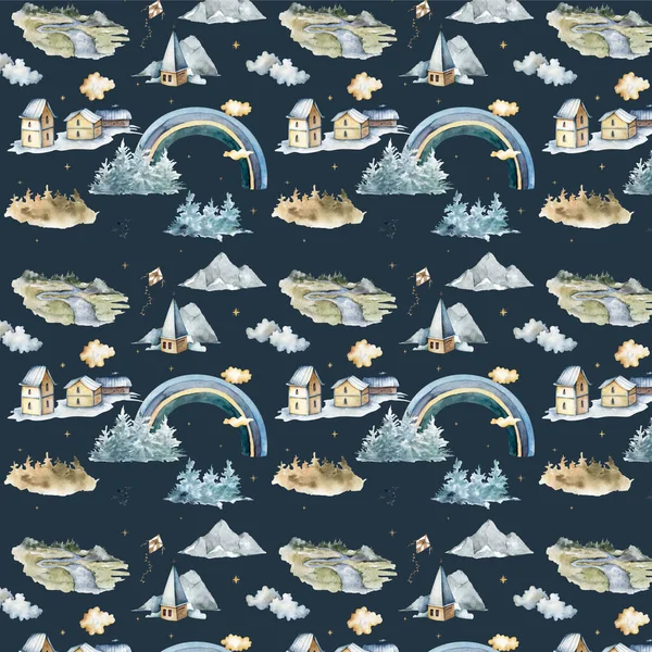 watercolor houses with church, balloons, rainbow, clouds, forest, moon and mountains in pastel colors seamless pattern on a dark background