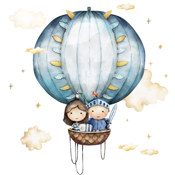 Akvarell hőlégballonok lovaggal és hercegnővel a felhőkben, romantikus hangulat pasztell színekben — Stock Fotó