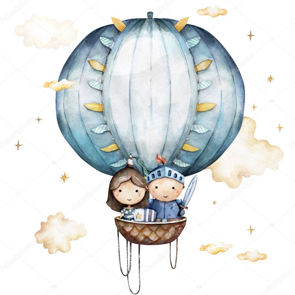 watercolor hot air balloons with knight and princess in the clouds, romantic mood in pastel colors
