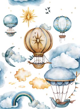 Hava balonları, kiraz kuşu bayrakları ve pastel renklerle bulutlarda suluboya koleksiyonuyla. Handpainted Hava balonlar beyaz arka plan, pastel bulutlar ve çok renkli bayraklar dekore edilmiş. Sulu boya seti