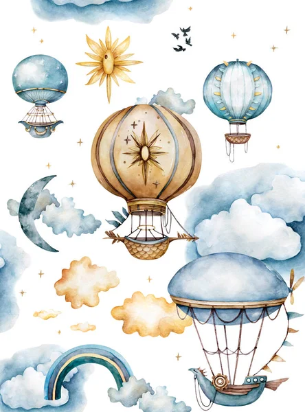 Hava balonları, kiraz kuşu bayrakları ve pastel renklerle bulutlarda suluboya koleksiyonuyla. Handpainted Hava balonlar beyaz arka plan, pastel bulutlar ve çok renkli bayraklar dekore edilmiş. Sulu boya seti — Stok fotoğraf