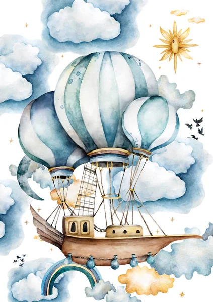 Hava balonları, kiraz kuşu bayrakları ve pastel renklerle bulutlarda suluboya koleksiyonuyla. Handpainted Hava balonlar beyaz arka plan, pastel bulutlar ve çok renkli bayraklar dekore edilmiş. Sulu boya seti