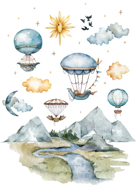 Aquarell-Kollektion mit Luftballons, Flaggen und Wolken in Pastellfarben. Handbemalte Luftballons auf weißem Hintergrund, pastellfarbenen Wolken und bunten Flaggen. Aquarell-Set — Stockfoto