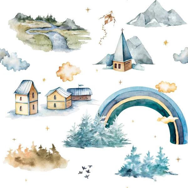 Υδατογραφίες σπίτια με εκκλησία, μπαλόνια, ουράνιο τόξο, σύννεφα, δάσος, φεγγάρι και βουνά σε παστέλ χρώματα απρόσκοπτη μοτίβο — Φωτογραφία Αρχείου