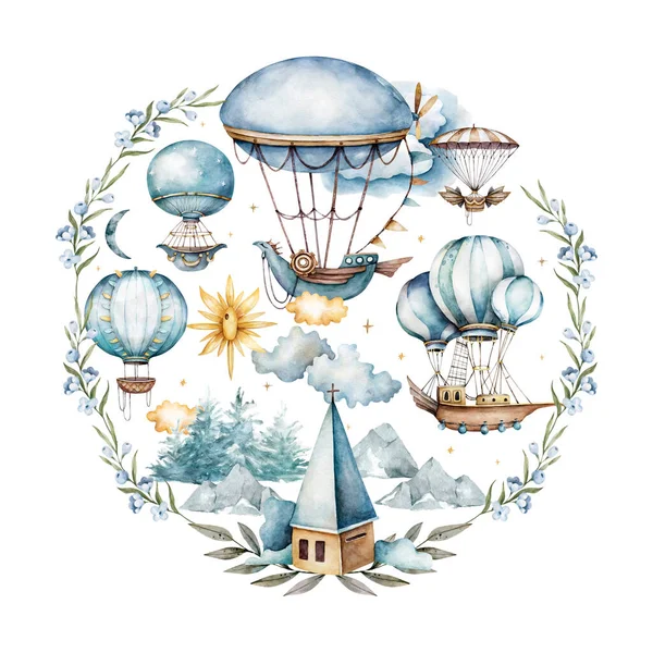 Αερόστατα θερμού αέρα, υπαίθριες δραστηριότητες στο πάρκο, κάστρο, εκκλησία, ουράνιο τόξο, ηλιόλουστη μέρα, ακουαρέλα σε vintage στυλ, ελευθερία που, ακουαρέλα που σε παστέλ χρώματα σε ένα στρογγυλό πλαίσιο — Φωτογραφία Αρχείου