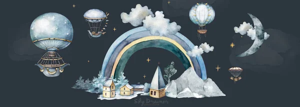 Σπίτια ακουαρέλα με εκκλησία, μπαλόνια, ουράνιο τόξο, σύννεφα, δάσος, φεγγάρι και βουνά σε παστέλ χρώματα σε σκούρο φόντο — Φωτογραφία Αρχείου