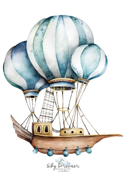 Coleção de aquarela com balões de ar, nuvens em cores pastel. Balões de ar pintados à mão lindamente decorados em fundo branco, nuvens pastel e bandeiras multicoloridas. Conjunto de aquarela — Fotografia de Stock