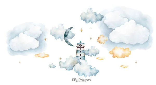 Mild akvarell fyr med regnbåge, moln, varmluftsballong, måne, drake, för gratulationskort i pastellfärger — Stockfoto