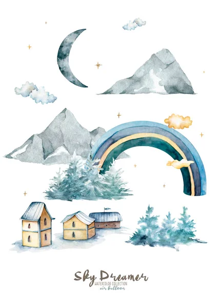 Σπίτια ακουαρέλα με εκκλησία, μπαλόνια, ουράνιο τόξο, σύννεφα, δάσος, φεγγάρι και βουνά σε παστέλ χρώματα — Φωτογραφία Αρχείου