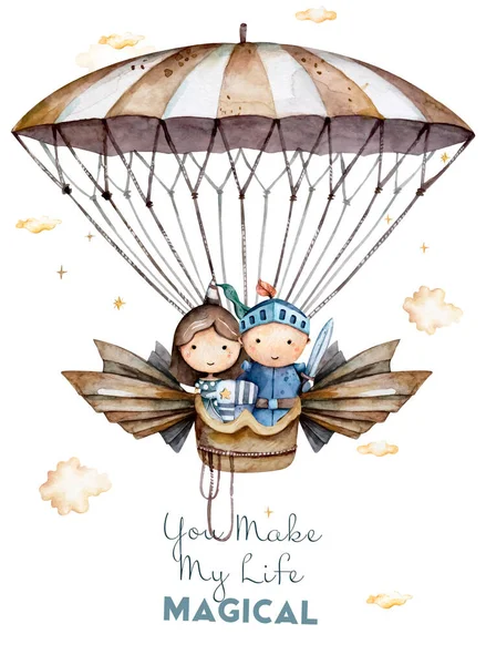Aquarell-Heißluftballons mit Ritter und Prinzessin in den Wolken, romantische Stimmung in Pastellfarben — Stockfoto
