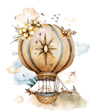 Hava balonlu suluboya koleksiyonu, bulutlar, gökkuşağı, pastel renkli çiçekler. Beyaz arka planda elle boyanmış hava balonları, pastel bulutlar ve çok renkli bayraklar. Suluboya seti.