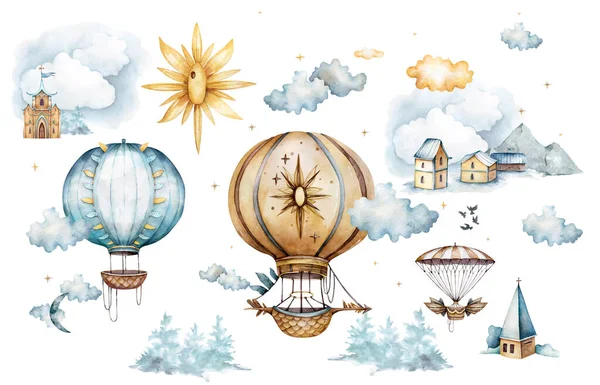 Hava balonlu suluboya koleksiyonu, bulutlar, gökkuşağı, pastel renkli çiçekler. Beyaz arka planda elle boyanmış hava balonları, pastel bulutlar ve çok renkli bayraklar. Suluboya seti. — Stok fotoğraf