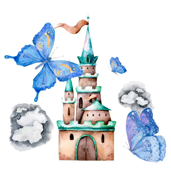 Aquarela castelo, borboletas, conto de fadas, sonho de infância. — Fotografia de Stock