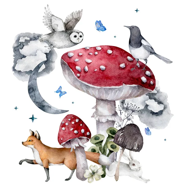 Aquarell Fuchs im Wald, Eule, Elster, Pilze, Mond. Herbst Nacht Wald in Pastellfarben. — Stockfoto