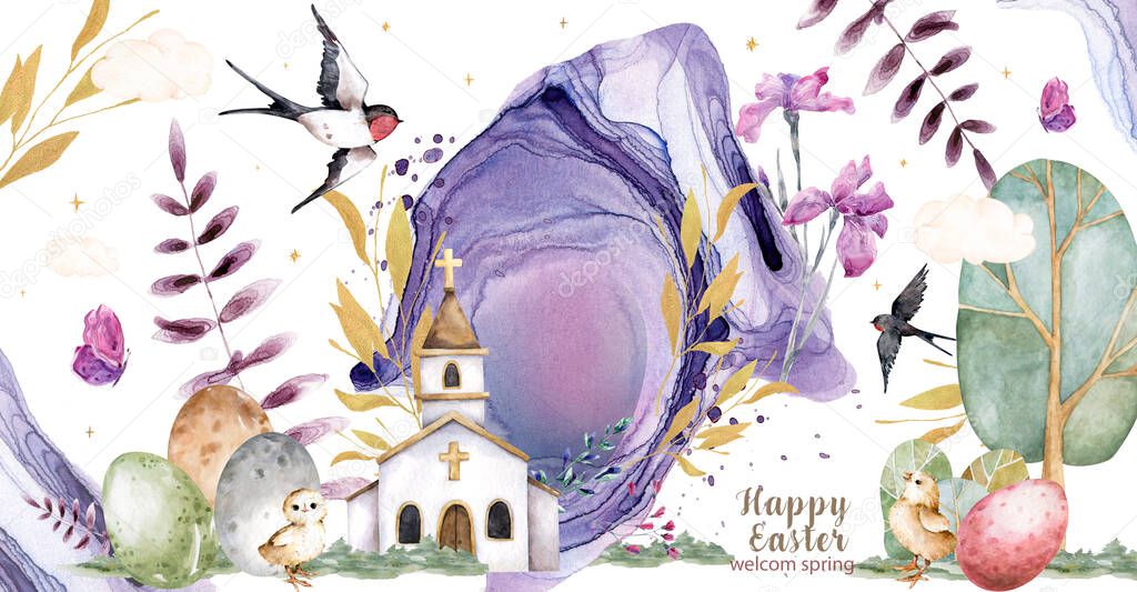 easter, watercolor drawing, church, flowers, birds, watercolor flowers, golden twigs, chicks, easter eggs, purple splashes, religion