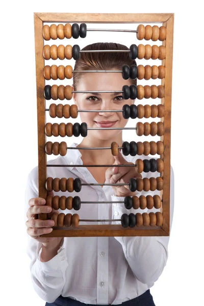 Lány előtt abacus tart — Stock Fotó