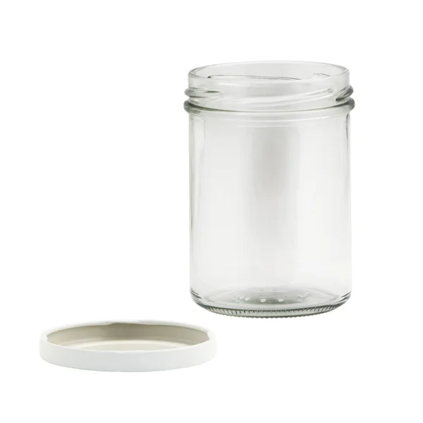 Leeg glas jar geïsoleerd in witte achtergrond — Stockfoto