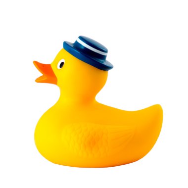 Sarı plastik ördek beyaz arkaplanda izole