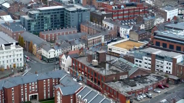 Northwest England Liverpool City Downtown Buildings Streets Rooftop High Angle — Stock video