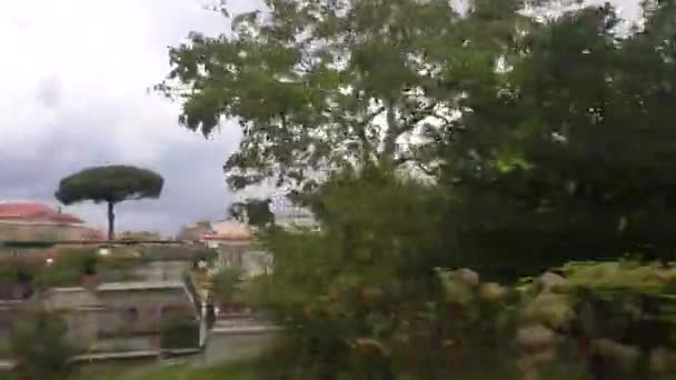 View Italian Town Accelerating Train Window Green Blurred Trees Bushes — 图库视频影像