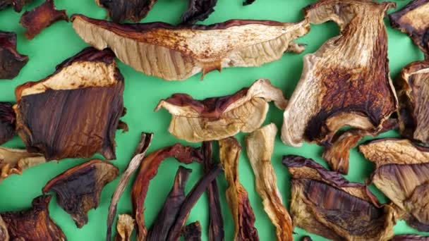 Panning Shot Showing Dried Porcini Boletus Edulis Mushroom Slices Green — Stock Video