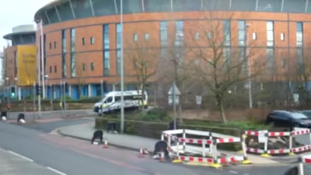Blurred Street View Salford Royal Hospital Looking Moving Bus Window — Stock Video