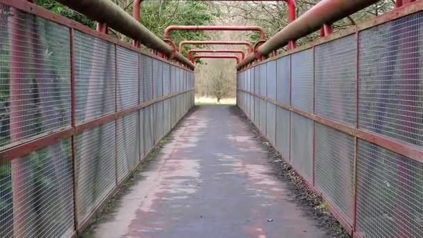 Personal Point View Pov Walking Pedestrian Footbridge Made Red Colour — стоковое видео