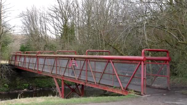 Reife Langhaarige Frau Roter Jacke Überquert Frühling Eine Metallbrücke Über — Stockvideo