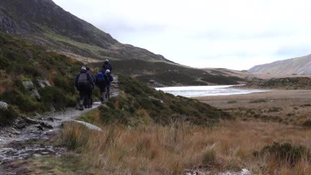 Gente Identificable Grupo Excursionistas Caminando Sobre Lago Llyn Idwal Las — Vídeos de Stock