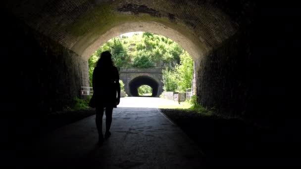 ピーク地区のモンスタルトレイルでチー トールトンネル1号線と2号線を歩く認識できない女性の背面図国立公園 — ストック動画