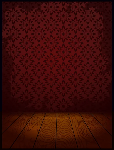 Vetor sala de madeira com papel de parede fundo vermelho — Vetor de Stock