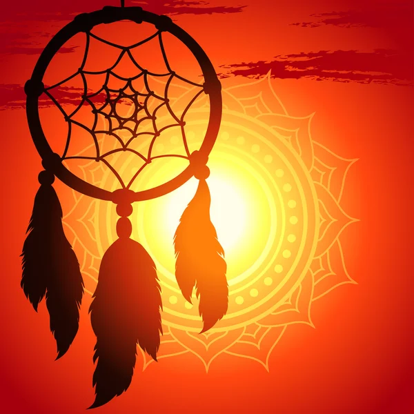 Dream catcher, silhouette of a feather on a background sunset Stock Illustration