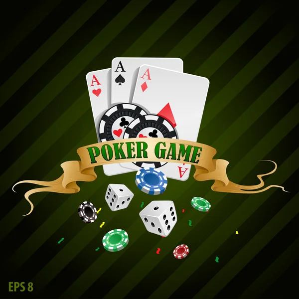 Ilustração vetorial pôquer fichas de jogo cartaz. coleção de poker com fichas, dados, cartões — Vetor de Stock