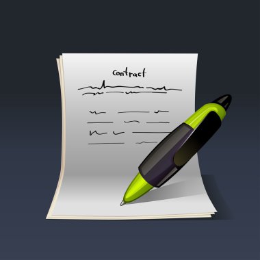 Blank note paper with green pen.Contract vector illustration clipart