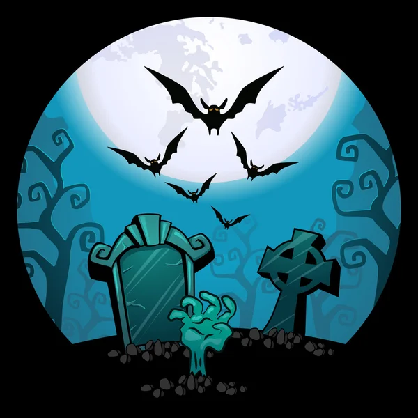 Fondo de Halloween. espeluznante zombi mano y tumba, una bandada de murciélagos — Vector de stock