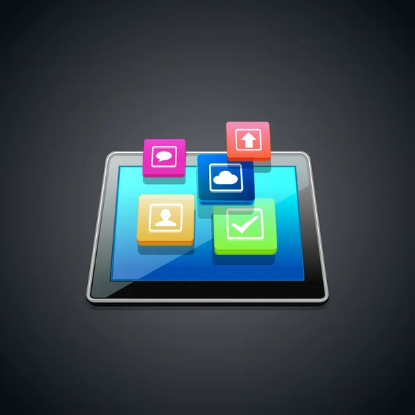 Tablet pc met wolk van programmasymbolen geïsoleerd op achtergrond — Stockvector