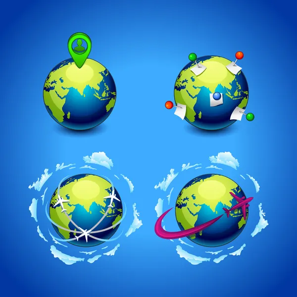 Vektor Illustration Set von Planeten Erde Symbol mit einem Stift und Flugzeuge — Stockvektor