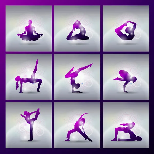meditasyon ve yoga poses yapıyor vektör çizim ayarla