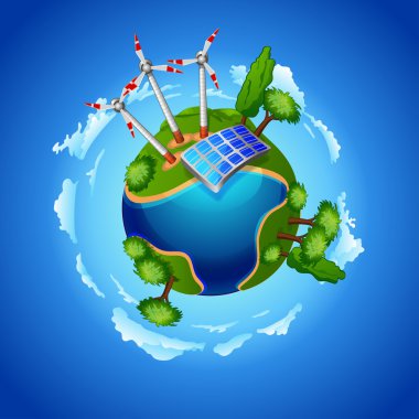 Rüzgar değirmeni türbinleri ve güneş enerjisi panelleri ile gezegen