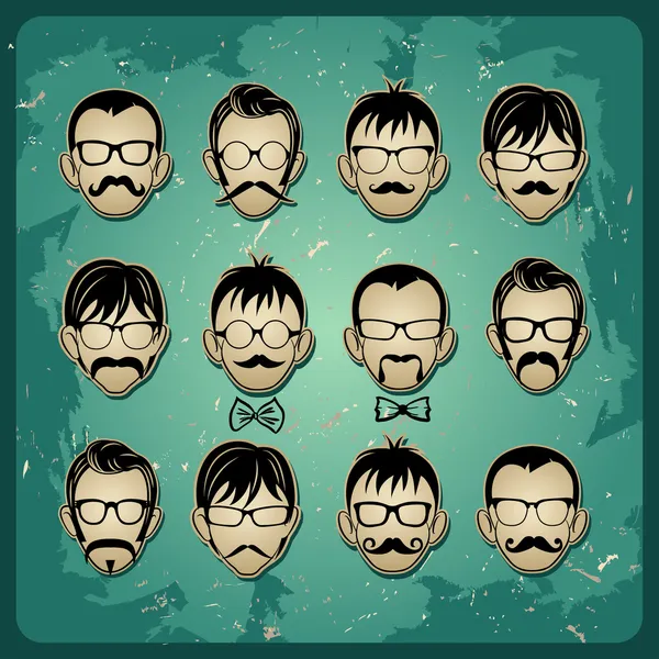 Visages avec Mustaches, lunettes de soleil et un noeud papillon avatars — Image vectorielle