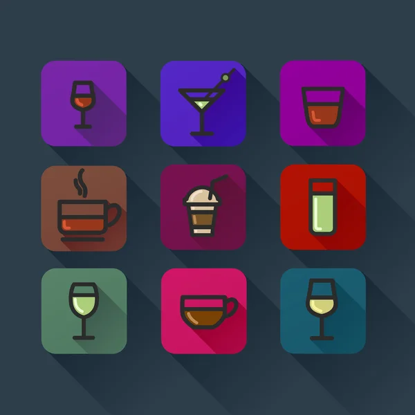 Conjunto de ícones de bebidas design plano colorido — Vetor de Stock