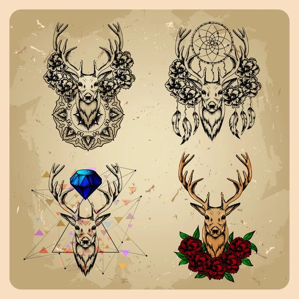 Set Deer with flowers and dream catcher — Stock Vector