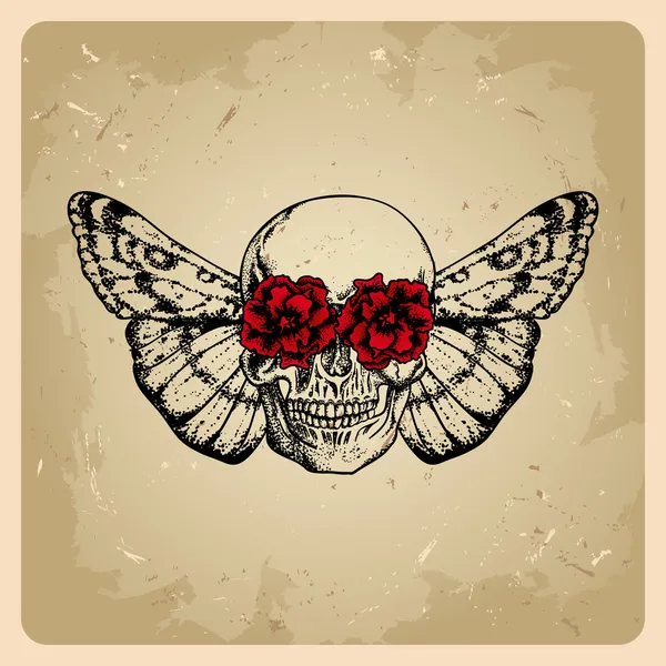 Calavera con flores y una polilla — Vector de stock